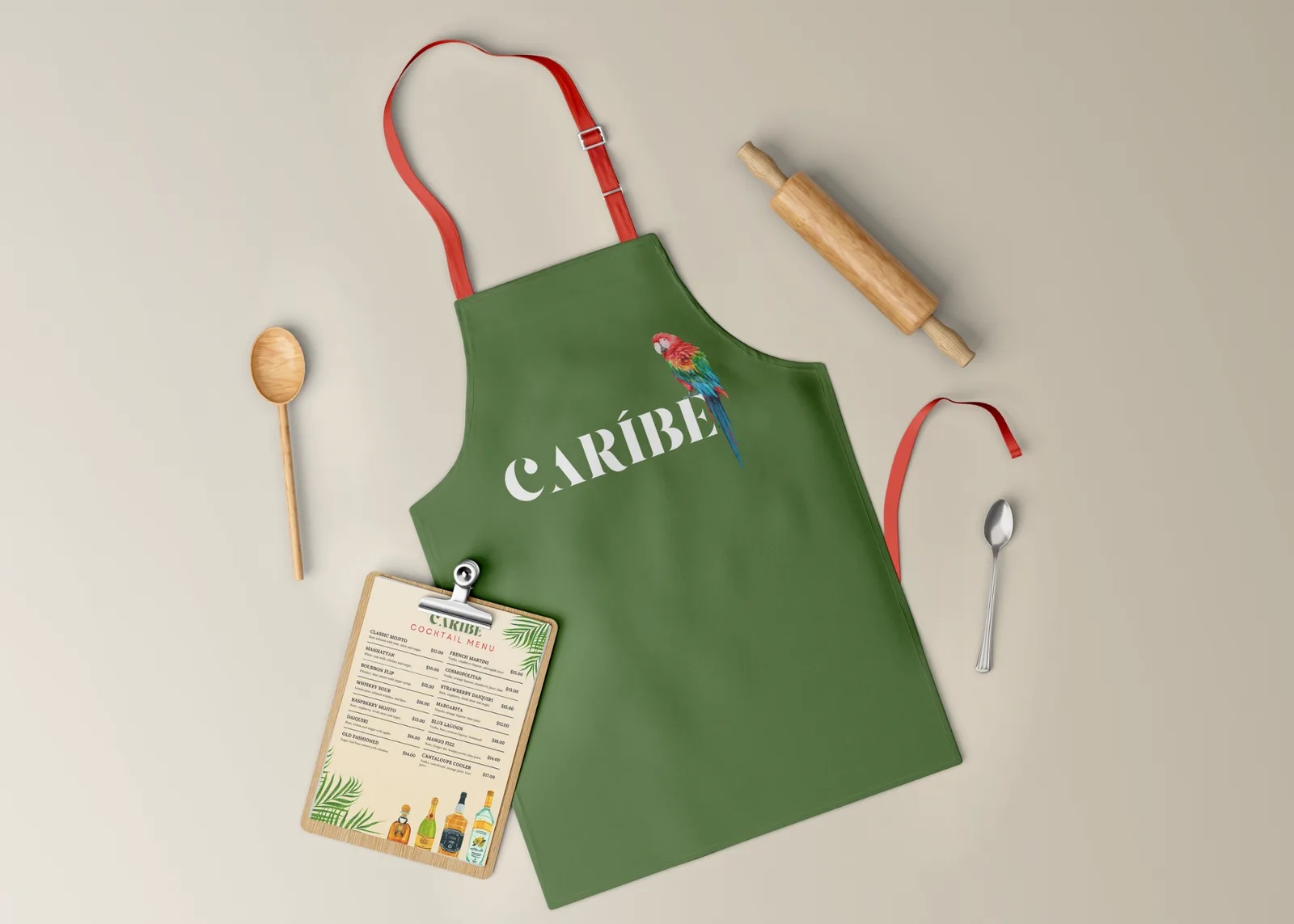 Caribe kitchen apron and cocktail menu clipboard