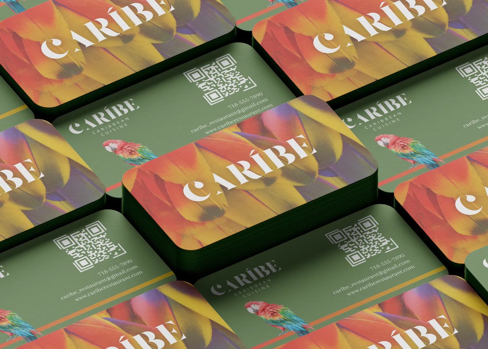 Caribe business cards — feather fronts and contact backs