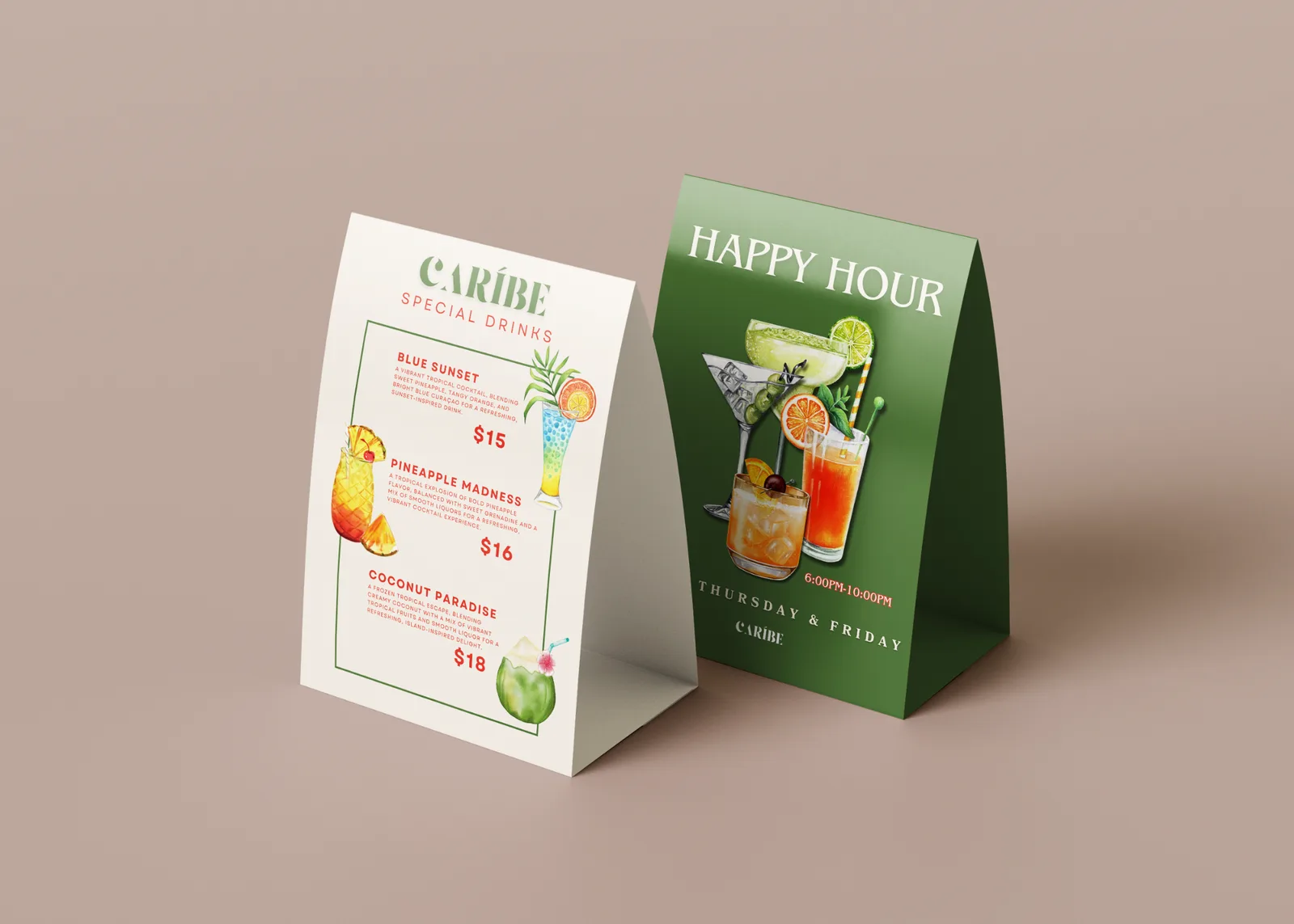 Caribe table tents — special drinks and happy hour