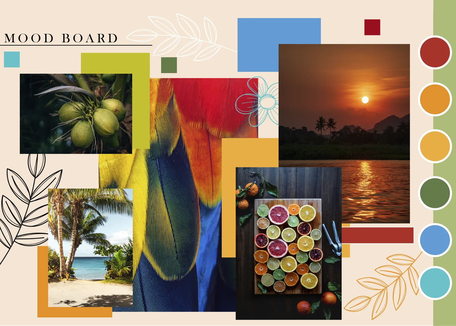 Caribe mood board — feathers, citrus, palms, island sunset