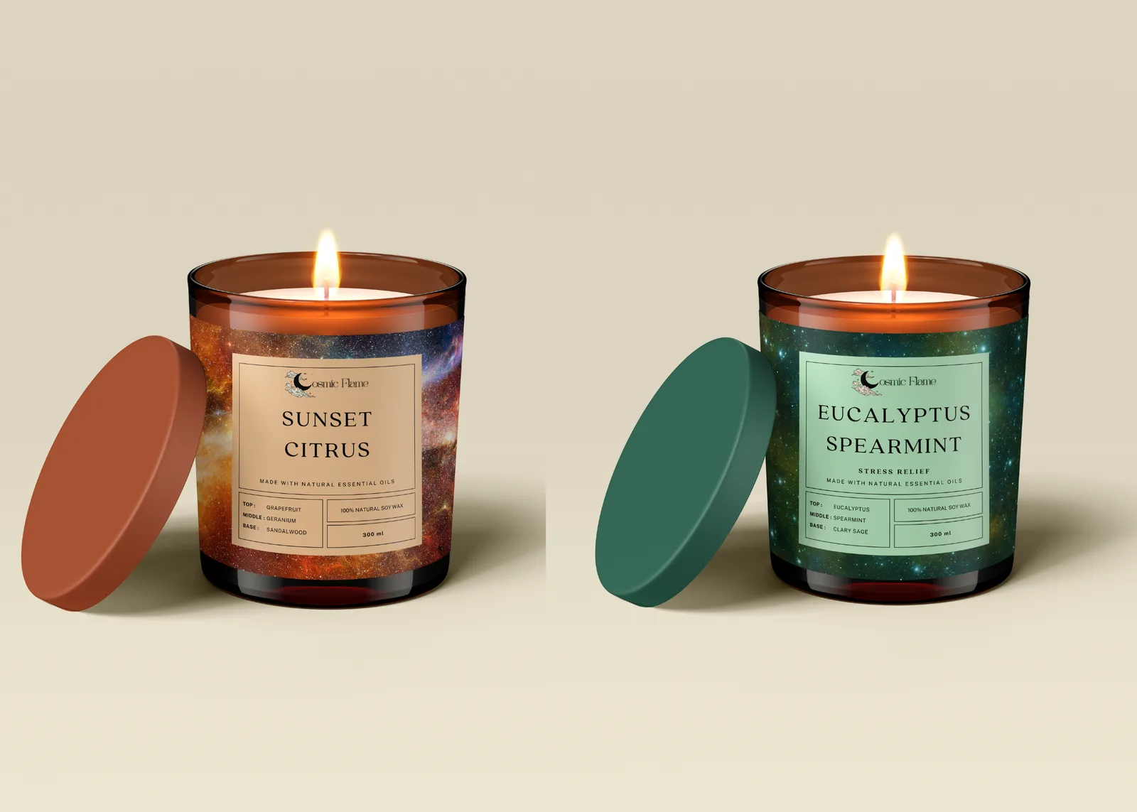 Sunset Citrus and Eucalyptus Spearmint candles, lit