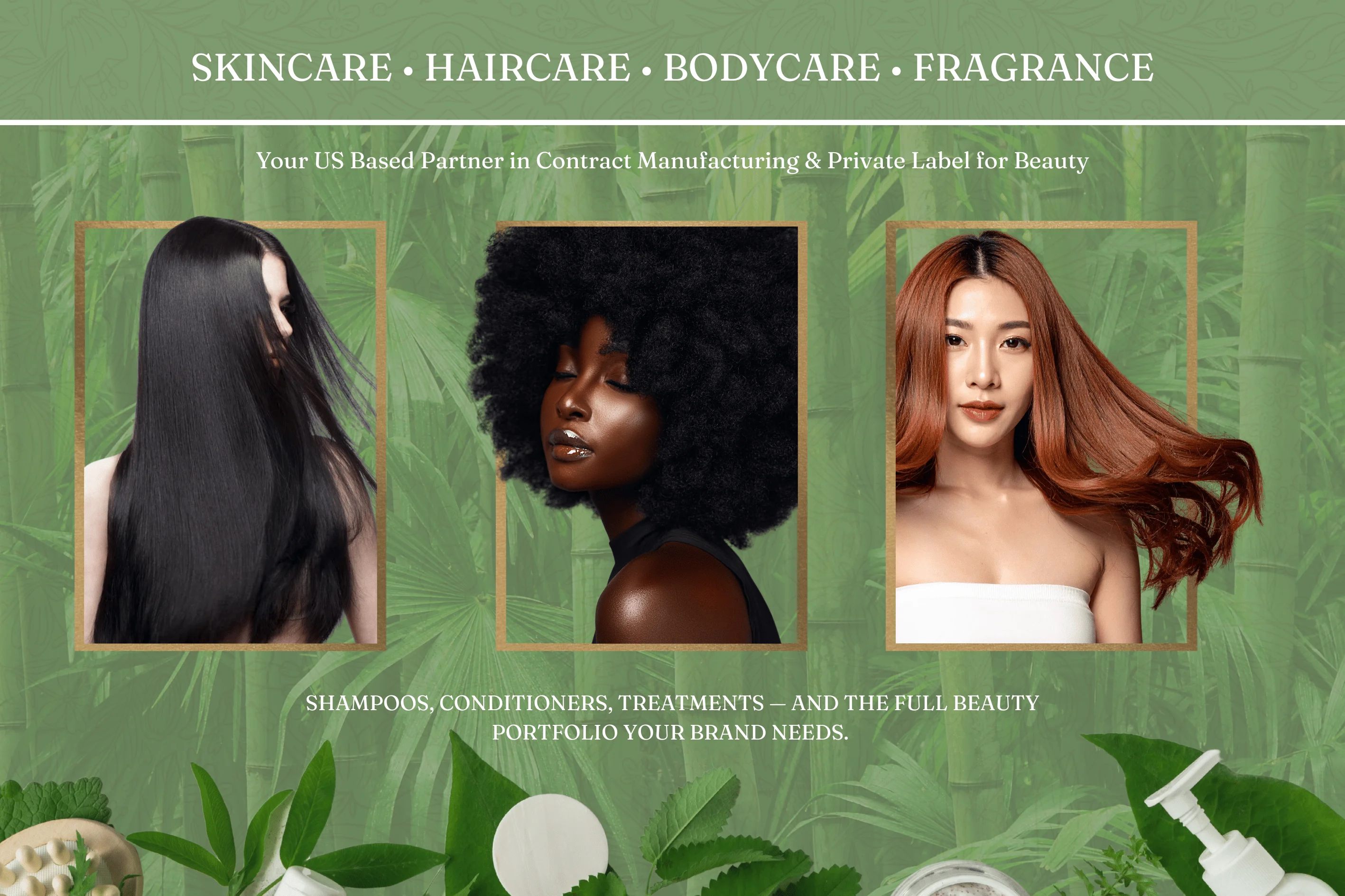 Sylvara Labs back-wall key visual — three women across hair textures with skincare, haircare, bodycare, fragrance